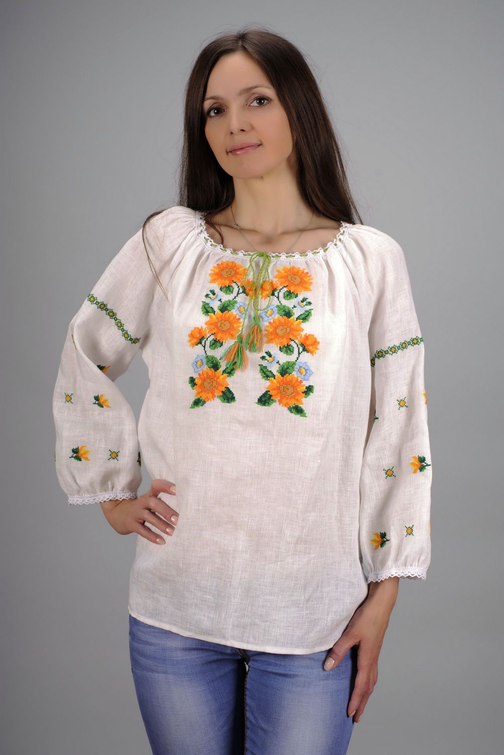 Ethnic tunic made of flax embroidered shirt photo 1