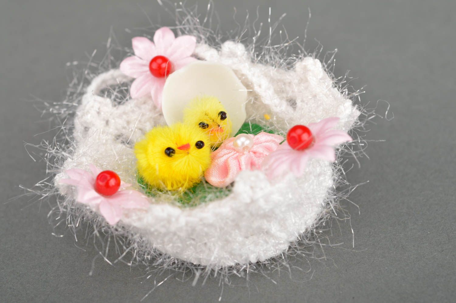 Handmade Easter decor yellow chickens crocheted of acrylic threads in basket photo 2