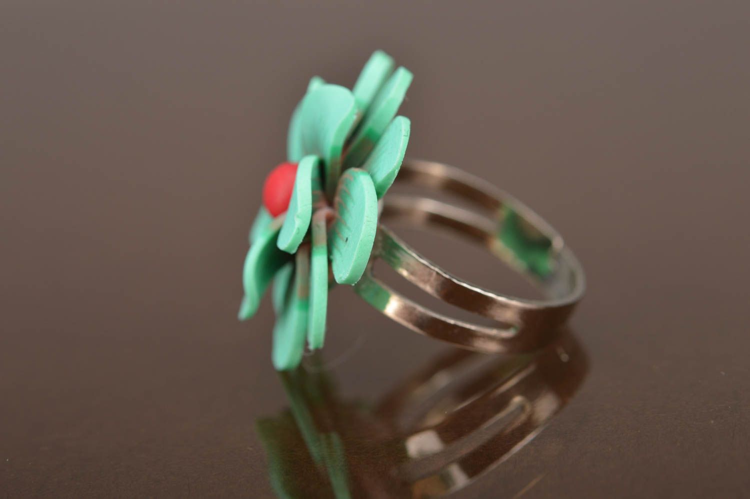 Handmade stylish cute unusual volume ring made of polymer clay with flower photo 3