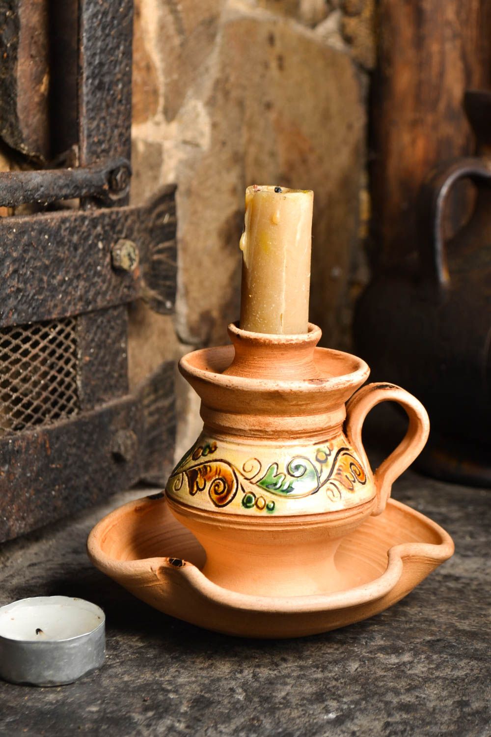 Bougeoir céramique fait main Bougeoir marron peint à motifs Décoration maison photo 1