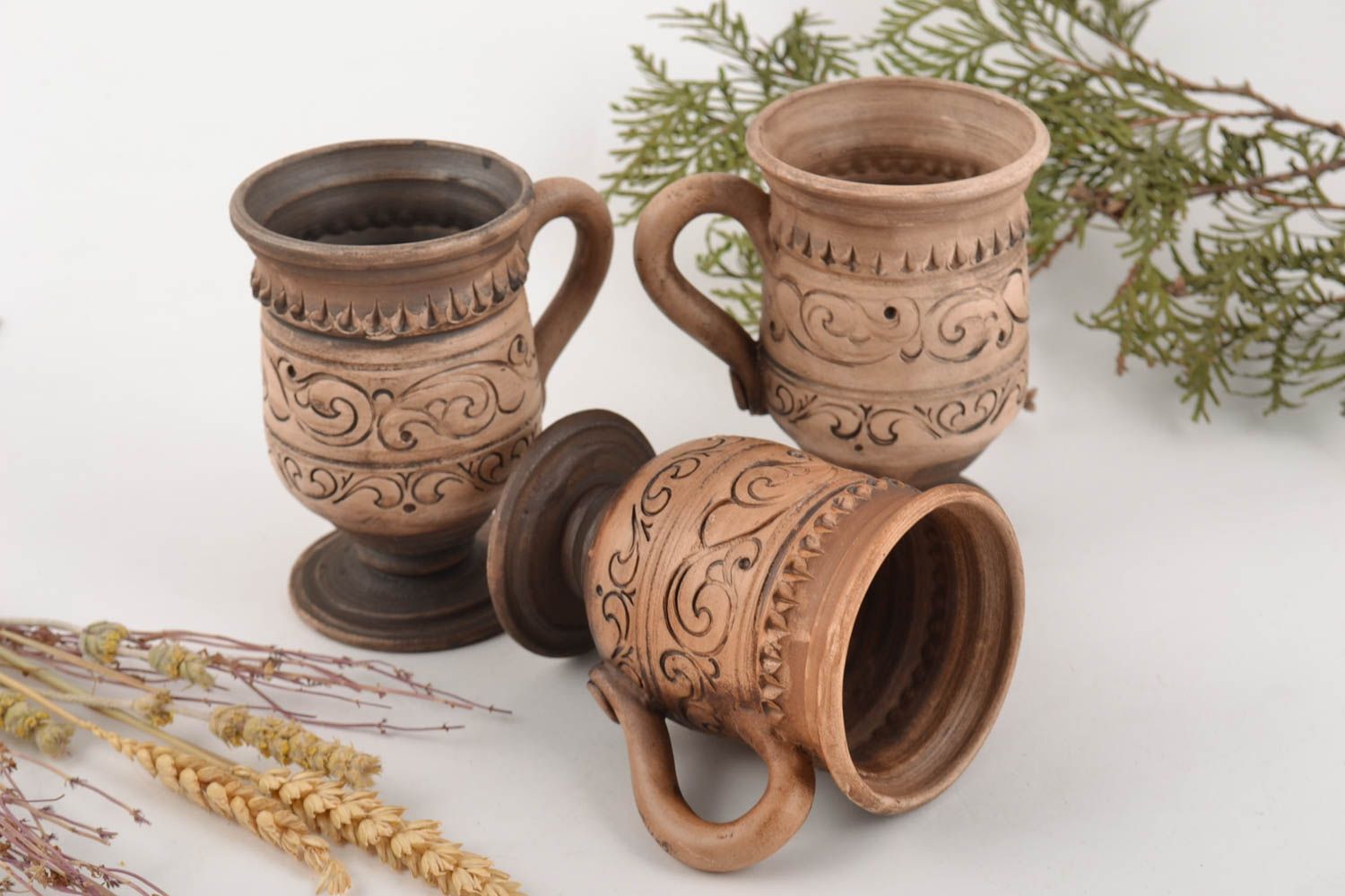 Set de 3 vasos de cerámica artesanales decorados plateados 250 ml foto 1