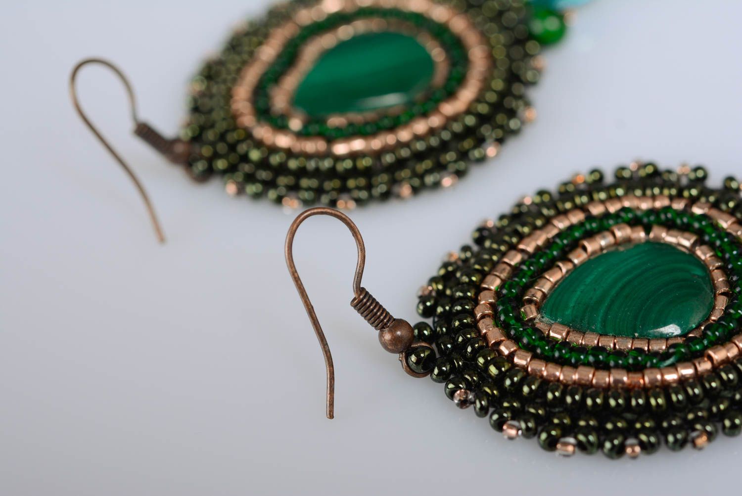Evening beaded earrings with natural malachite stone green handmade accessory photo 4