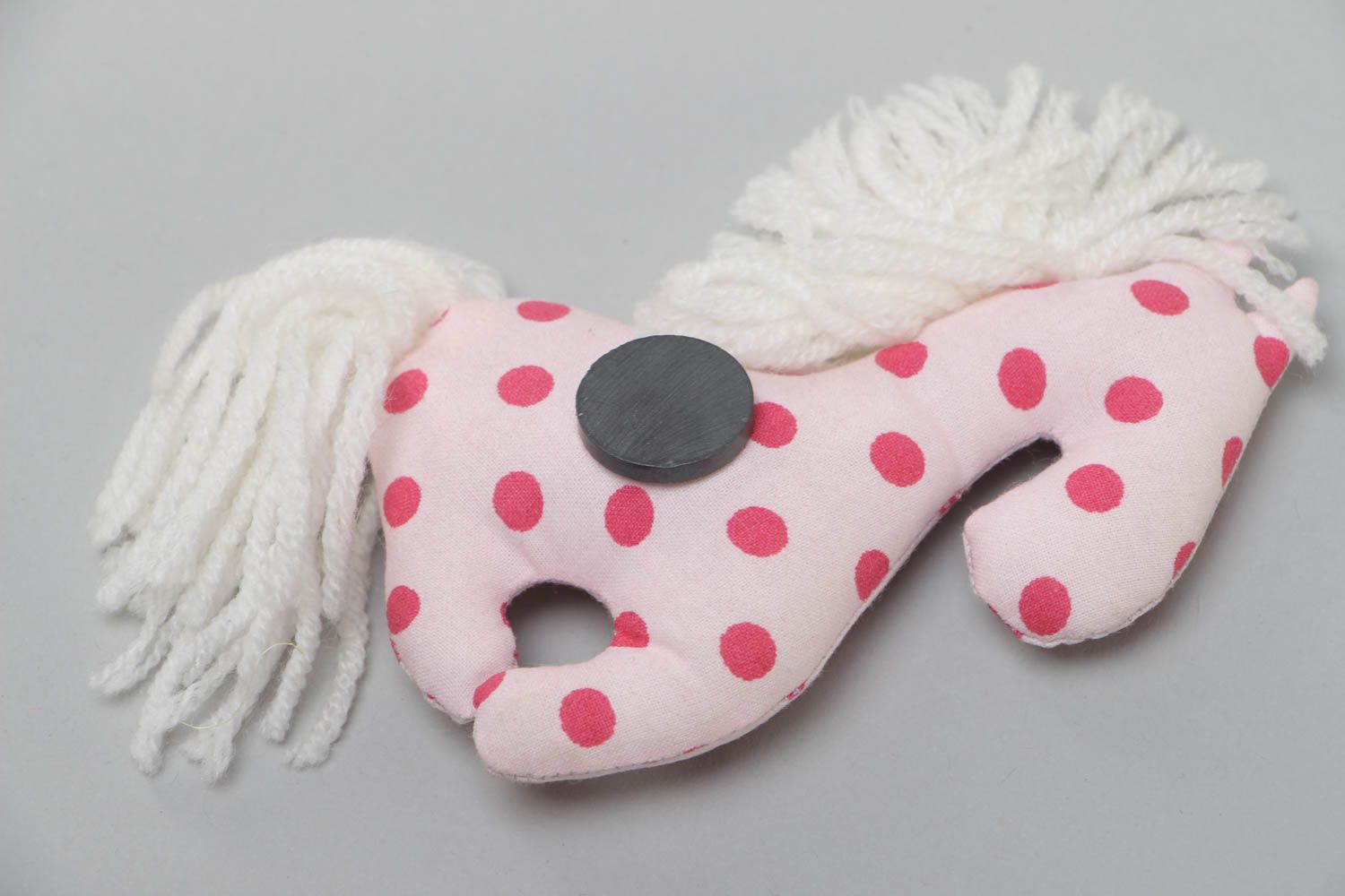 Handmade soft toy fridge magnet sewn of polka dot white cotton fabric Horse photo 4