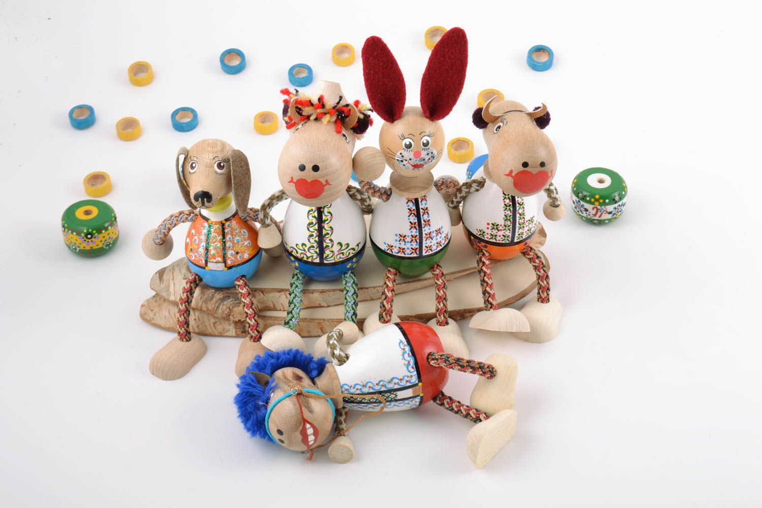 Handmade Holz Spielzeug Set 5 Stück bemalte Tiere Buchenholz foto 1