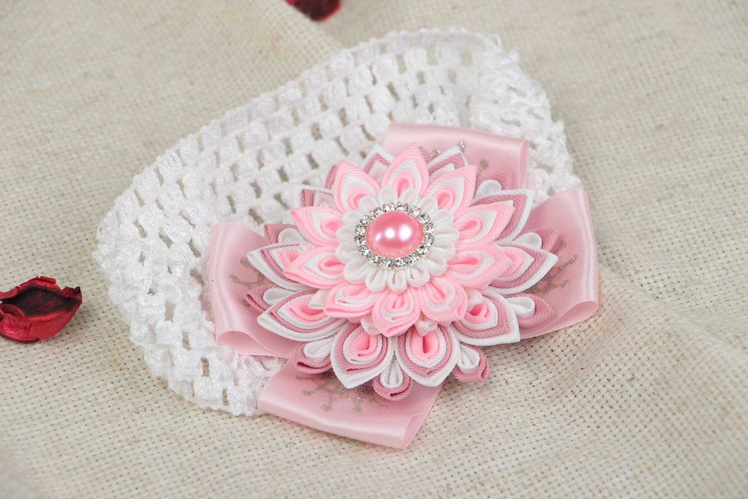 Tender handmade headband with pink flower created of satin ribbons for babies photo 5
