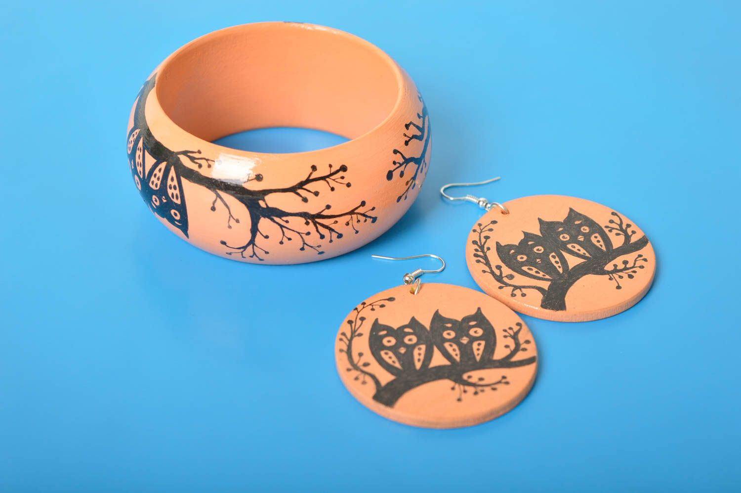 Деревянные украшения ручной работы модные серьги женский браслет с росписью фото 1