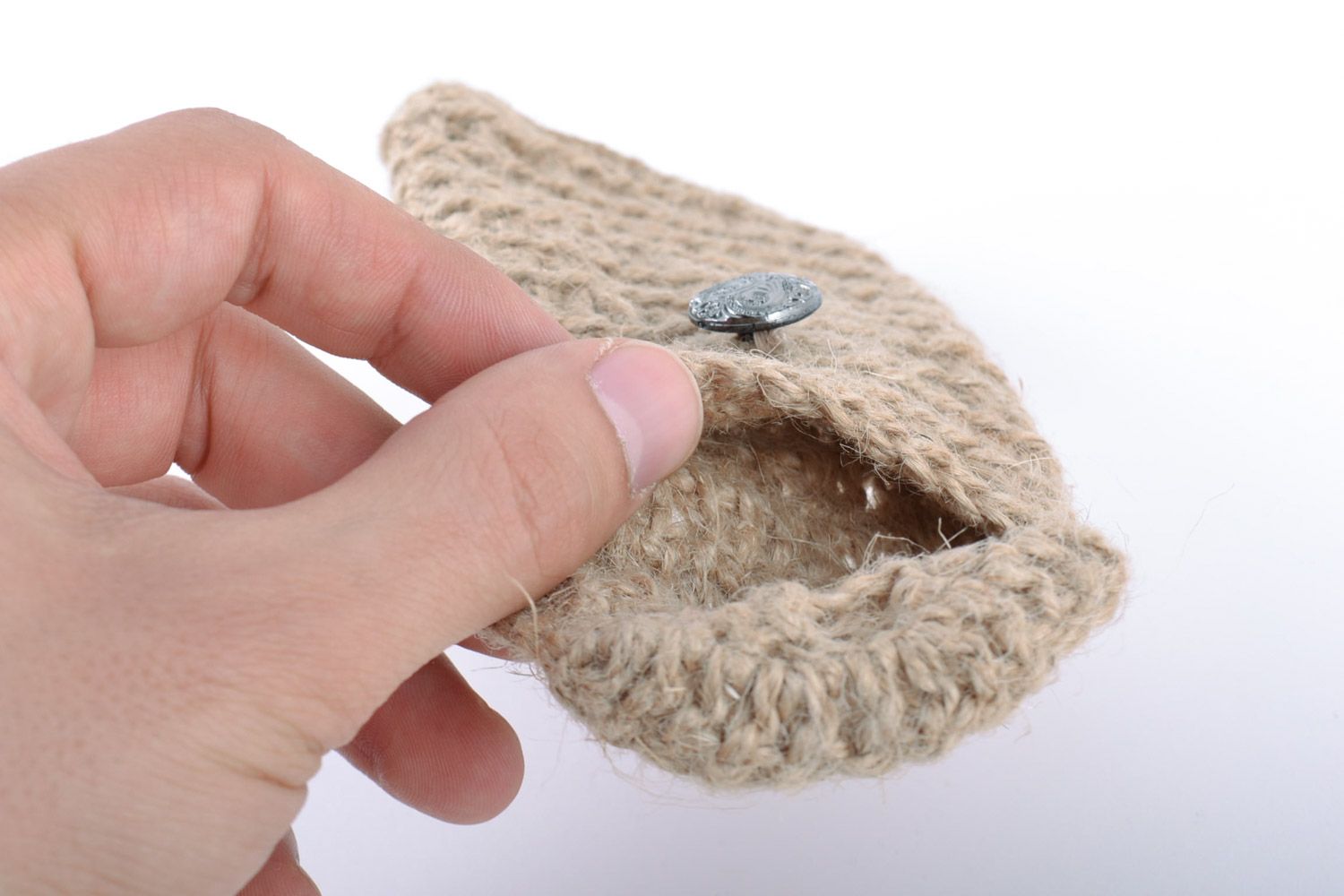 Unusual handmade gray phone case crochet of twine photo 3