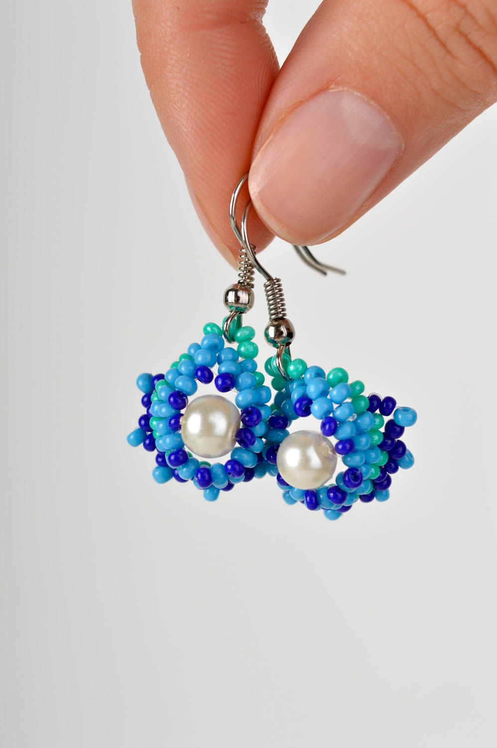 Handmade blue beaded earrings unusual elegant earrings unusual accessory photo 5