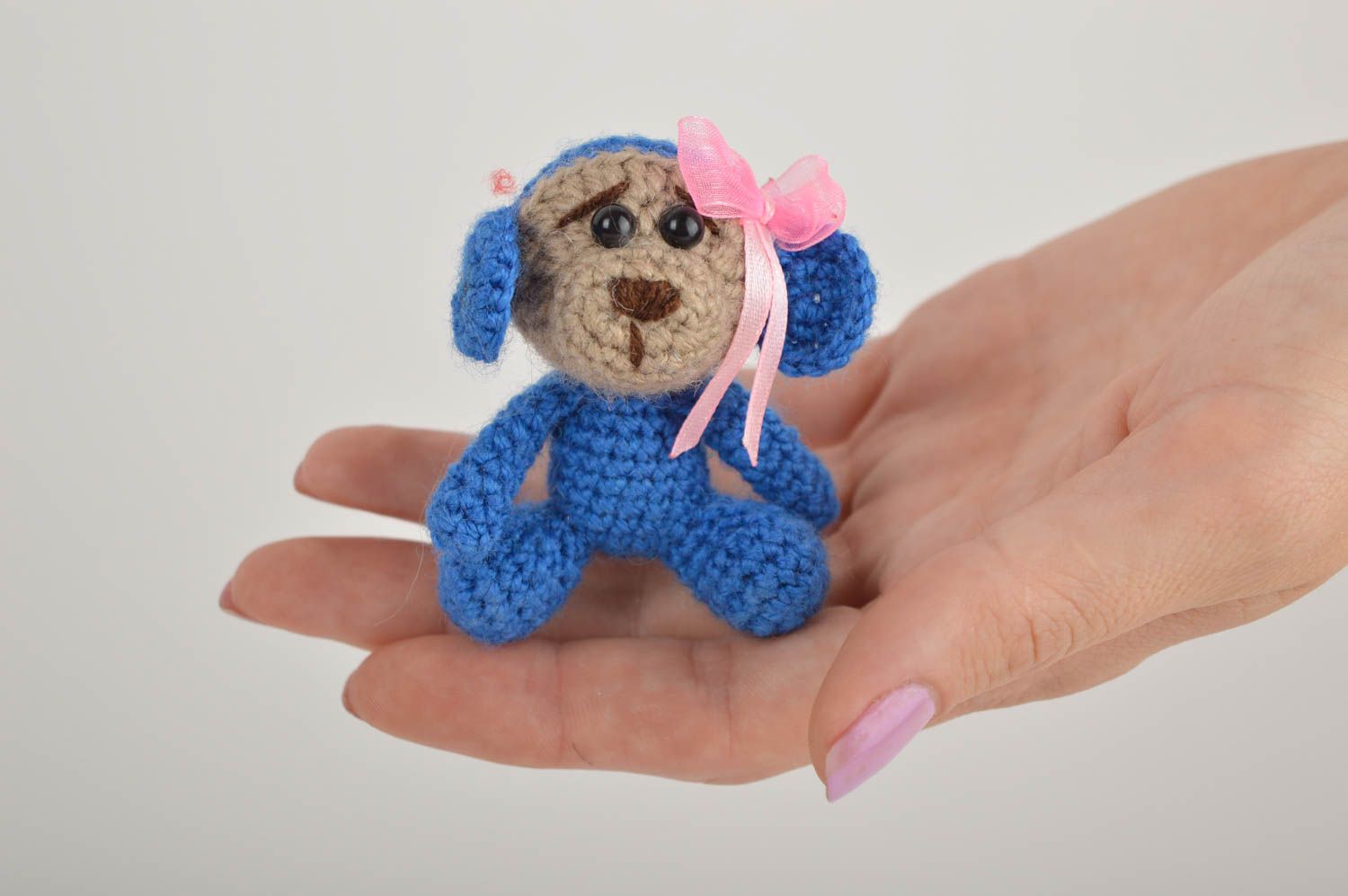Knitted stuffed blue little monkey girl. 3,5 inches tall photo 5
