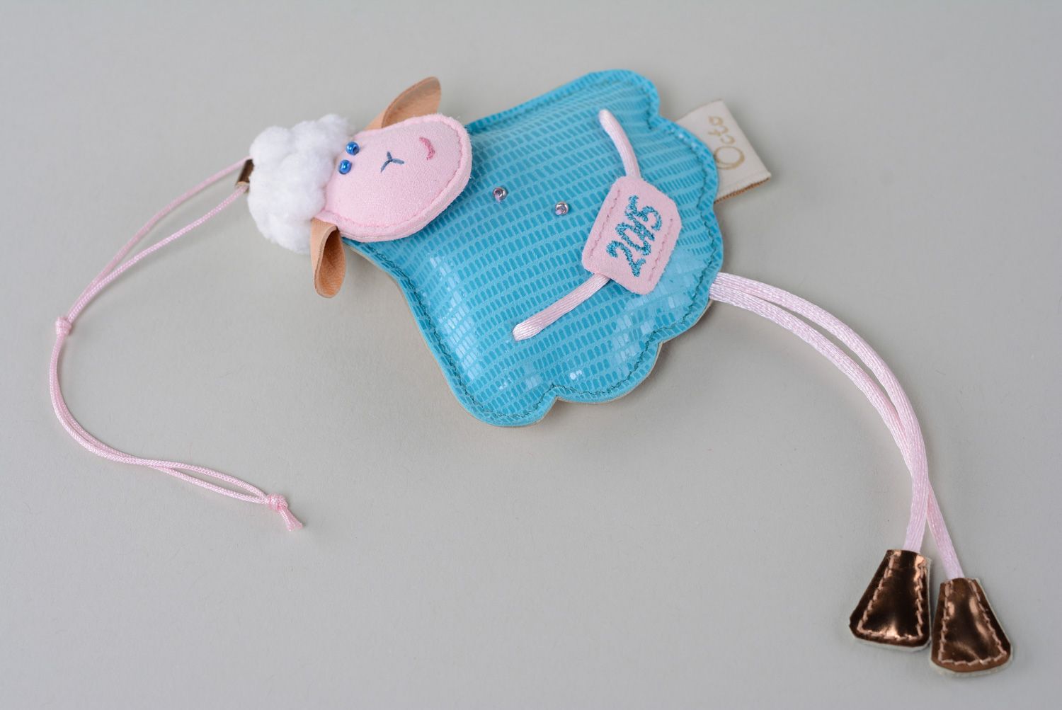 Handmade genuine leather keychain in the shape of cute lamb in blue dress photo 3