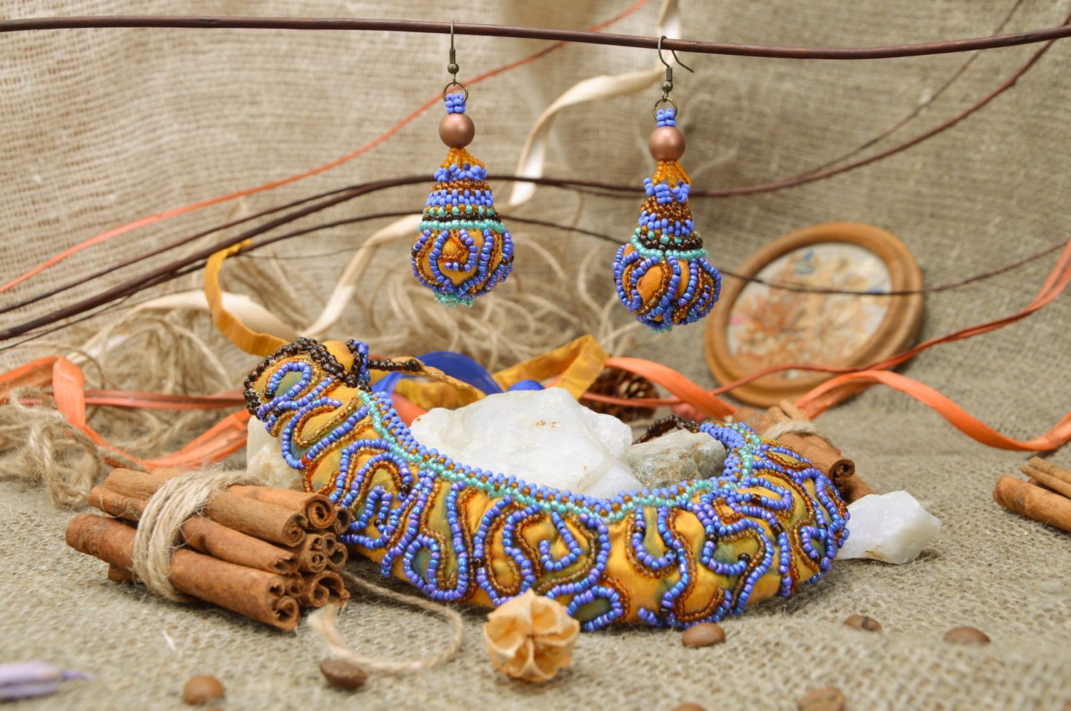 Beautiful handmade women's jewelry set 2 items earrings and necklace woven of beads and fabric photo 1