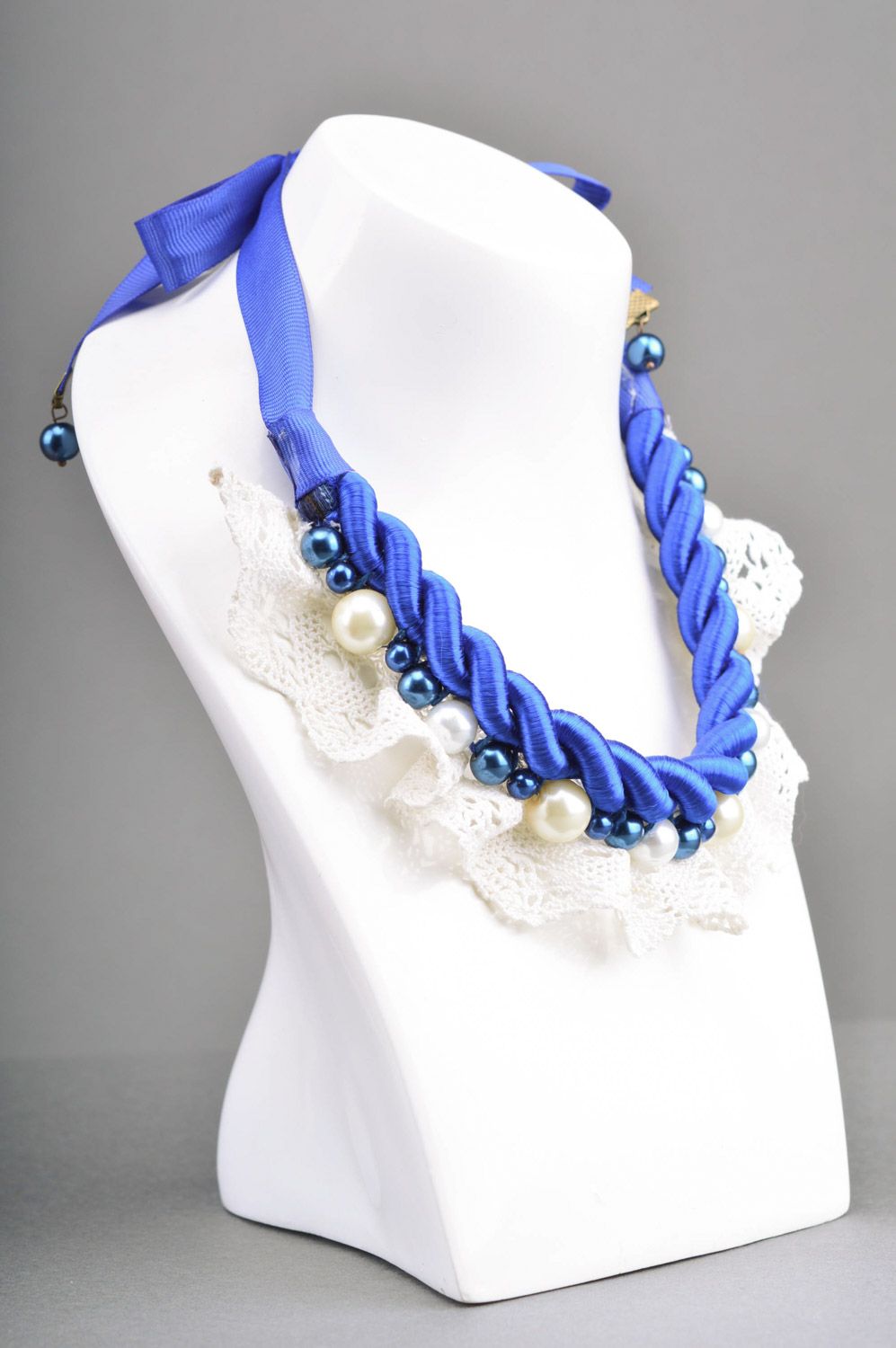 Handmade festive collar necklace with beads and lace in blue and white colors  photo 3