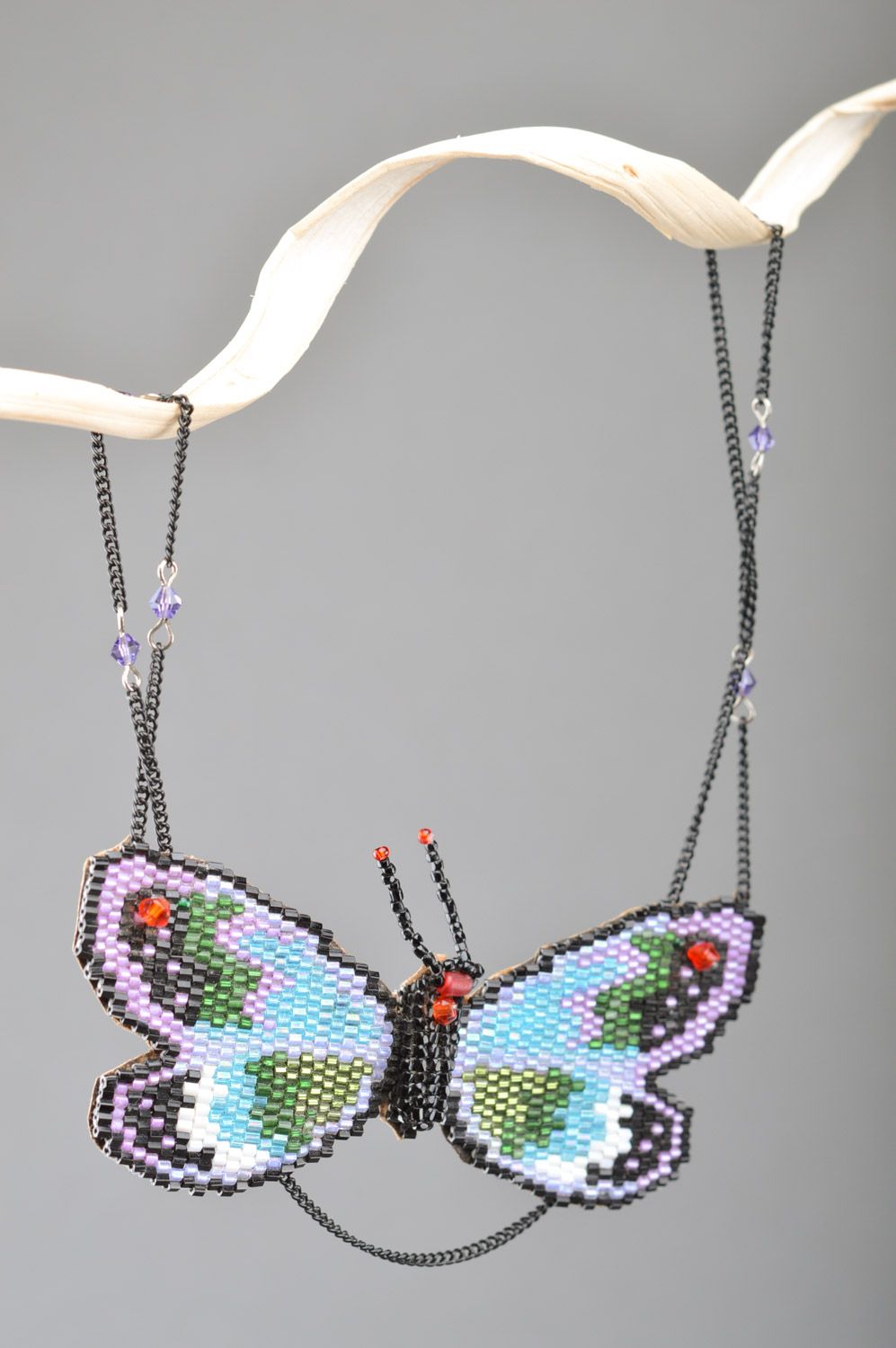 Handmade long elegant beaded neck pendant Blue Butterfly on long chain for women photo 4