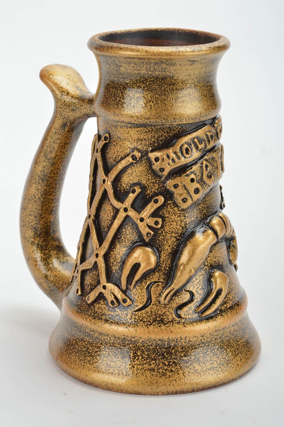 Beautiful unusual handmade designer ceramic beer mug of gold color 300 ml  photo 2