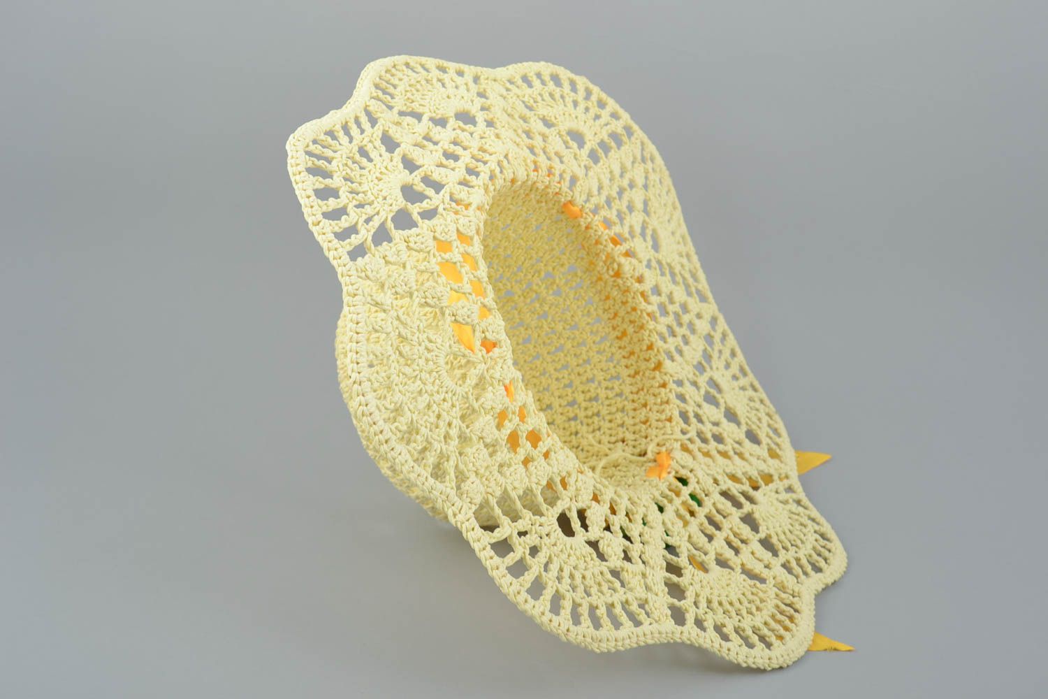 Handmade designer womens crocheted lacy summer hat with yellow artificial flower photo 5