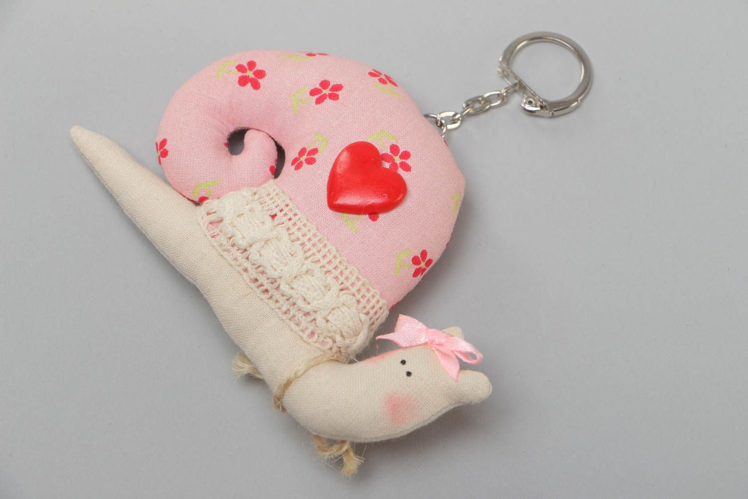 Handmade cotton fabric soft toy keychain in the shape of small snail of pink color photo 4