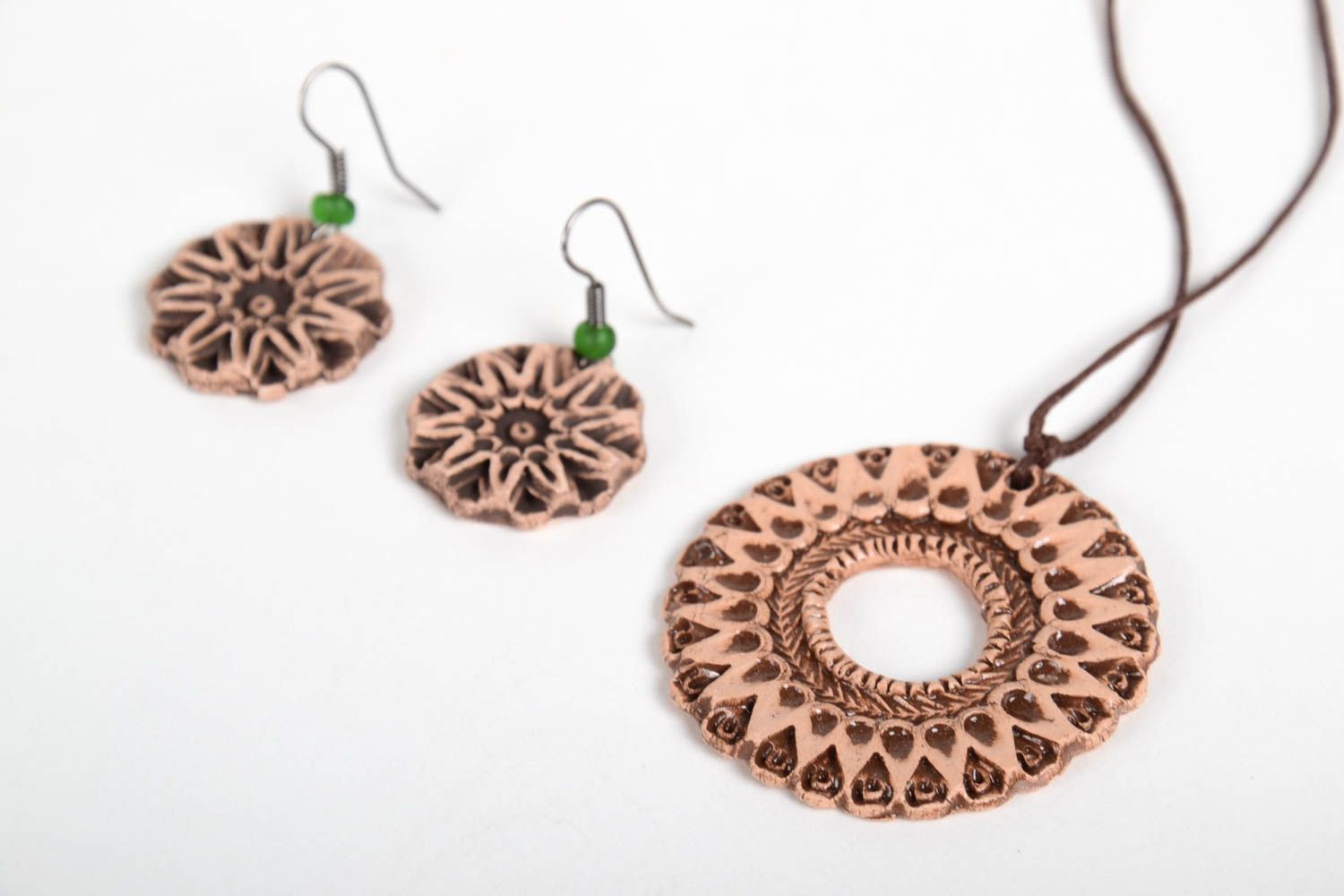 Ethnic dangling earrings handmade round clay pendant jewelry for ladies photo 5