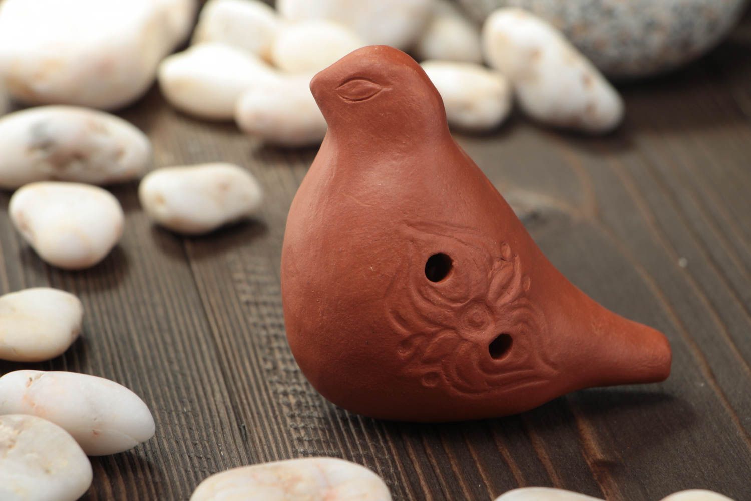 Small handmade designer ethnic clay ocarina Bird of brown color photo 1
