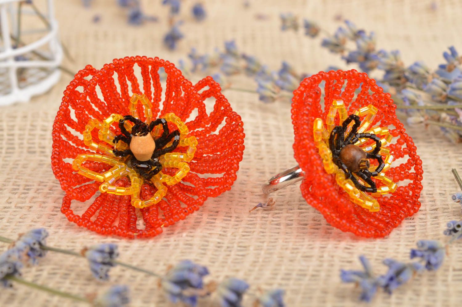 Beautiful handmade jewelry set beaded flower ring beaded flower brooch photo 1
