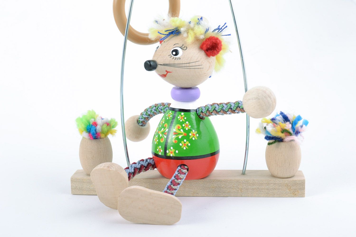 Eco friendly handmade wooden toy mouse on swing with bright painting present for child photo 5