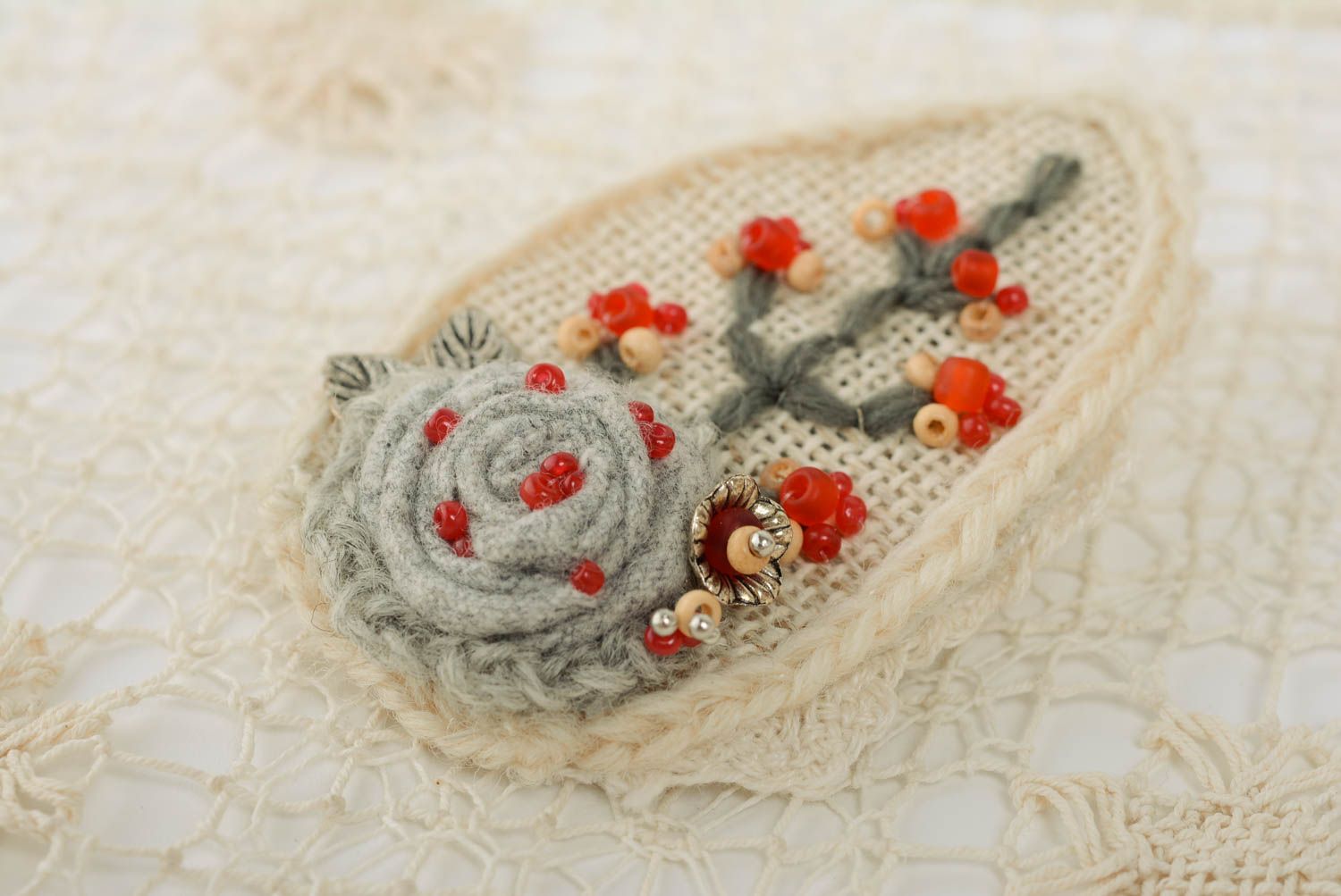 Handmade light designer brooch crocheted of natural wool embroidered with beads photo 1