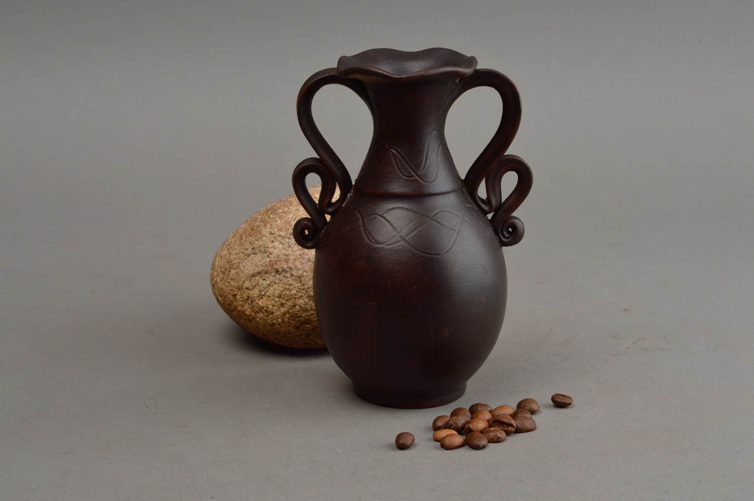 20 oz brown ceramic clay flower vase, wine carafe with two handles 5 inches, 0,5 lb photo 1