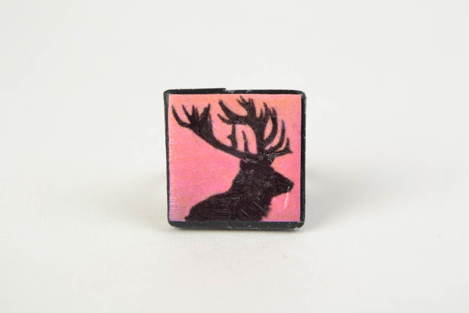 Pink square hadmade polymer clay seal ring with elk image photo 3