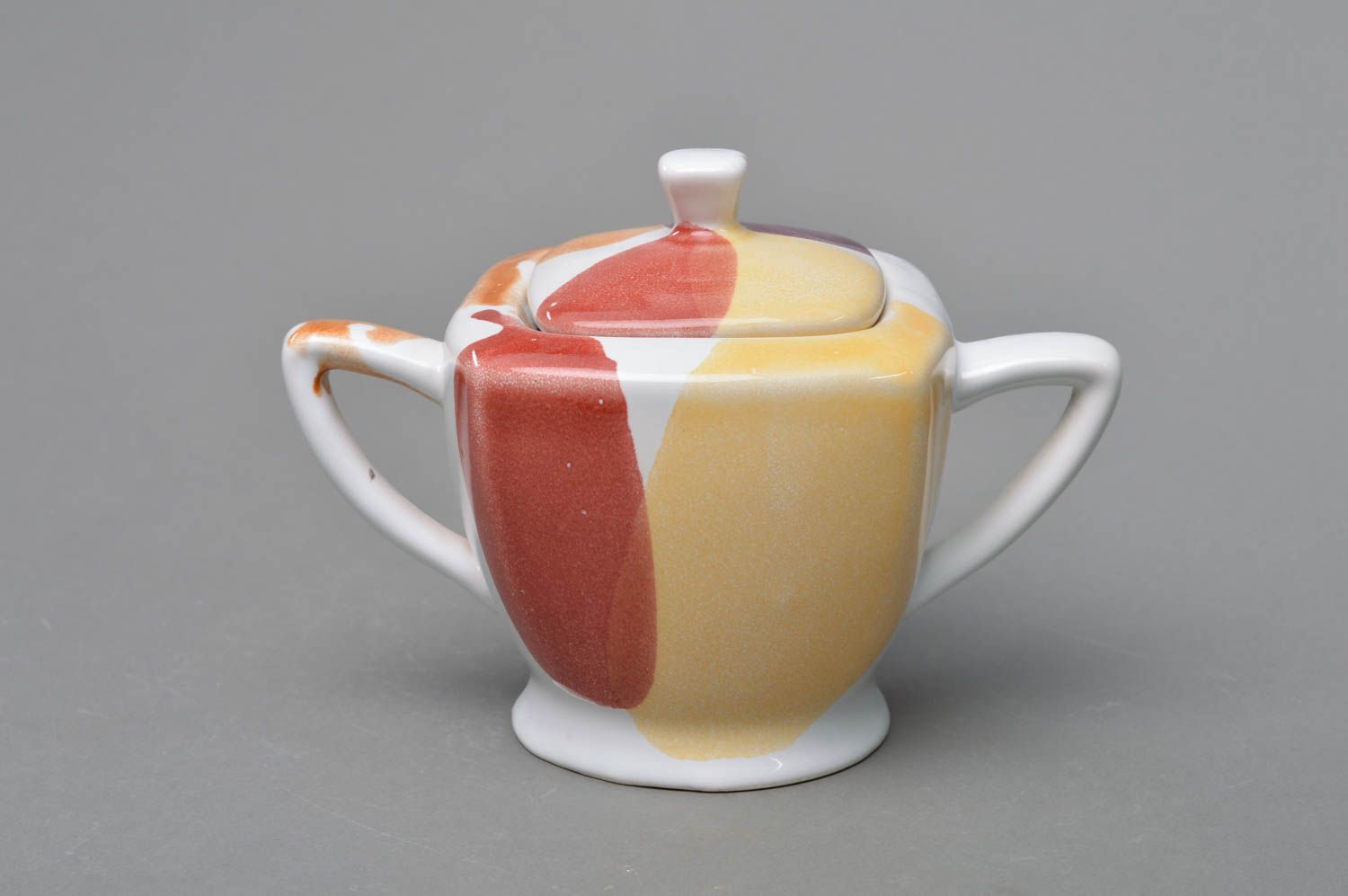 Porcelain sugar bowl with lid and handles painted with colored glaze hand made photo 1