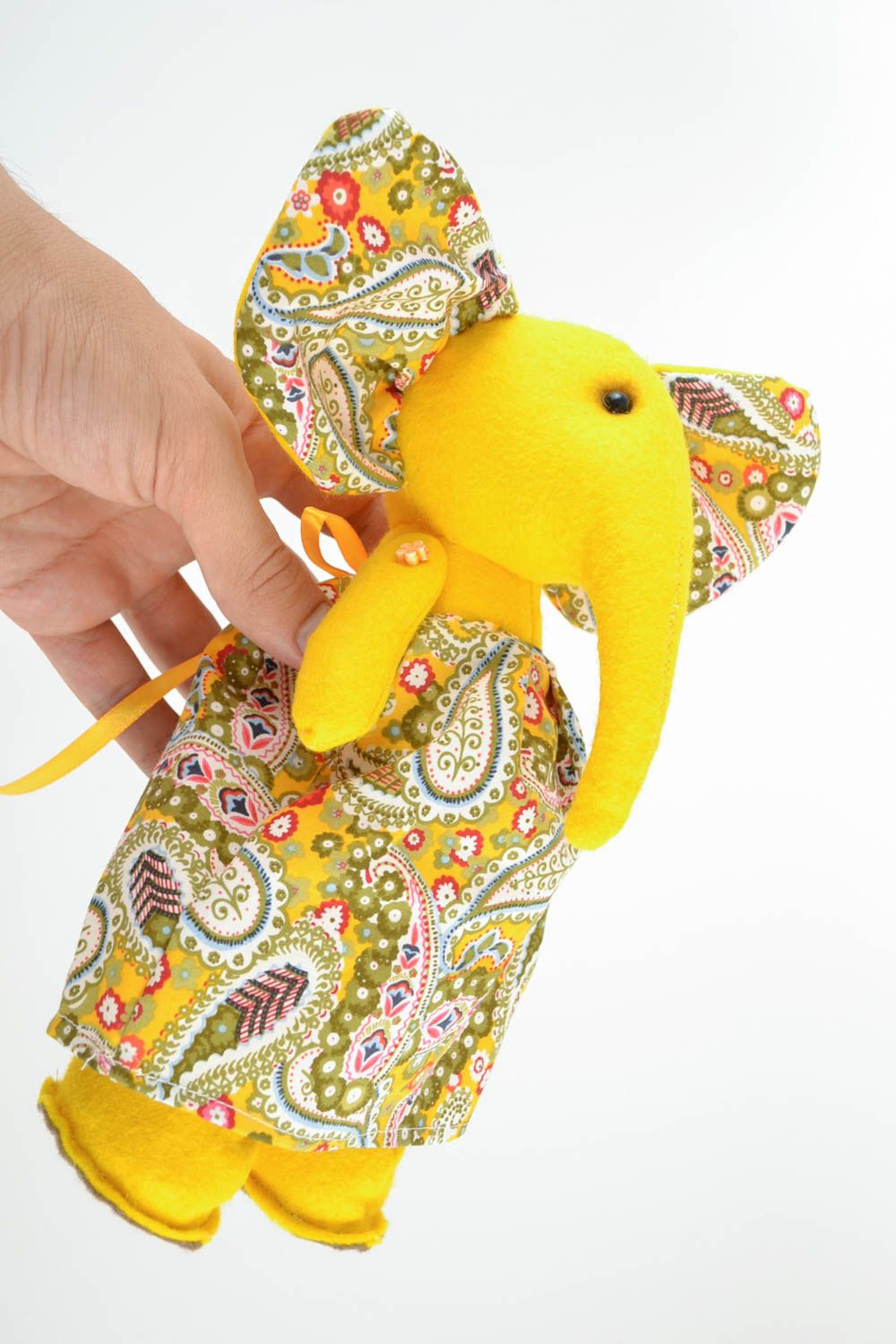 Beautiful small yellow handmade fabric soft toy Elephant for kids and decor photo 5