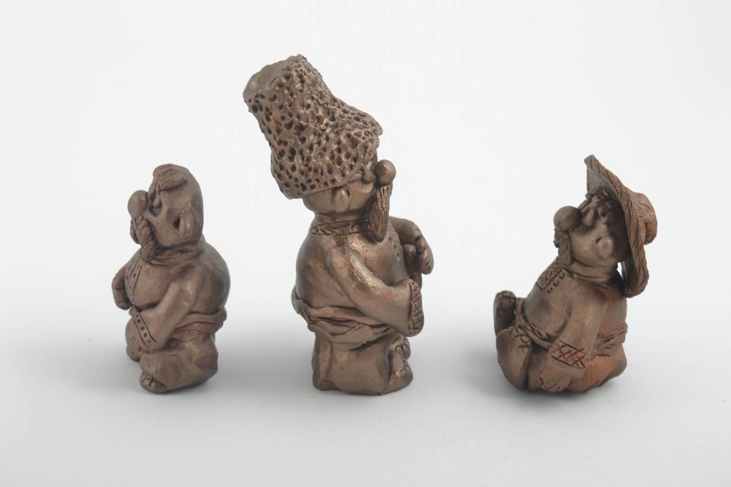 Set of 3 decorative clay figurines handmade ceramic statuettes home design photo 3