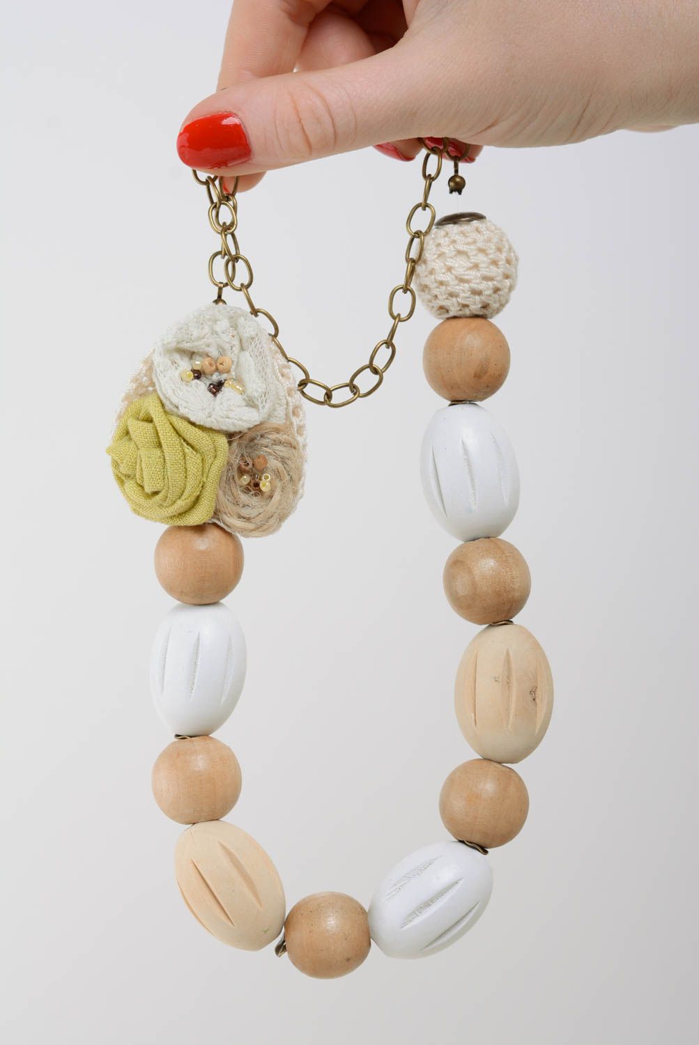 Handmade designer light wooden bead necklace on chain with fabric flowers photo 3