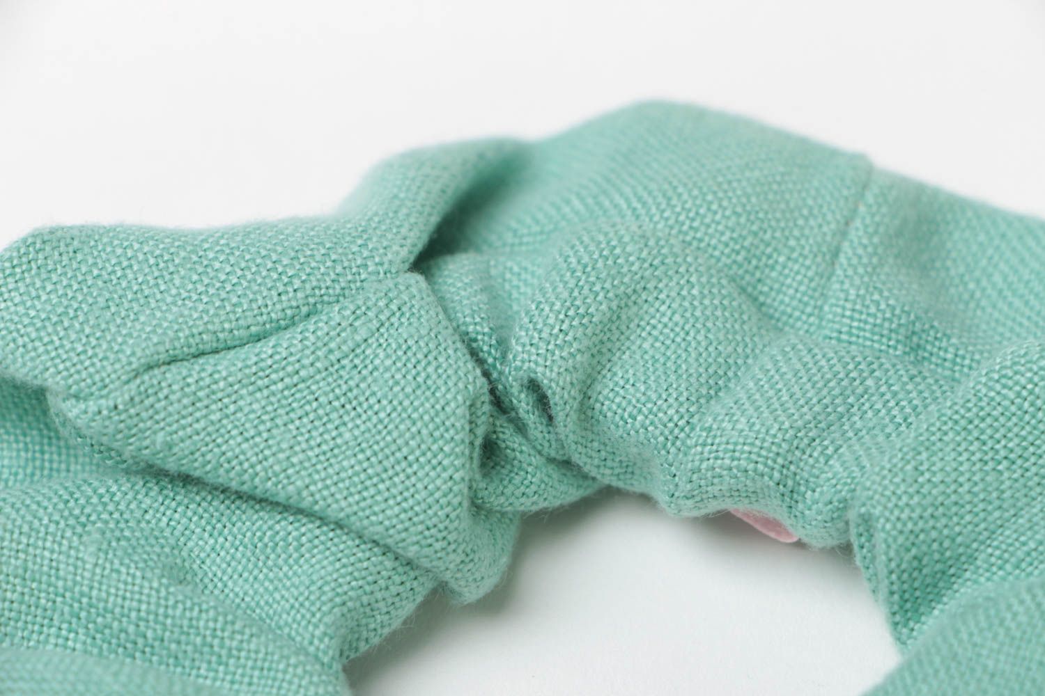 Unusual textile handmade linen fabric hair tie of mint color photo 4