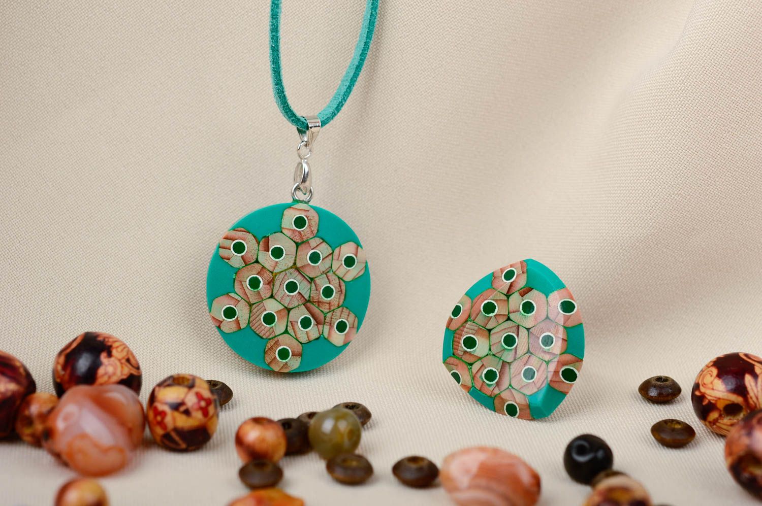 Green handmade jewelry set unusual designer pendant stylish beautiful ring photo 1