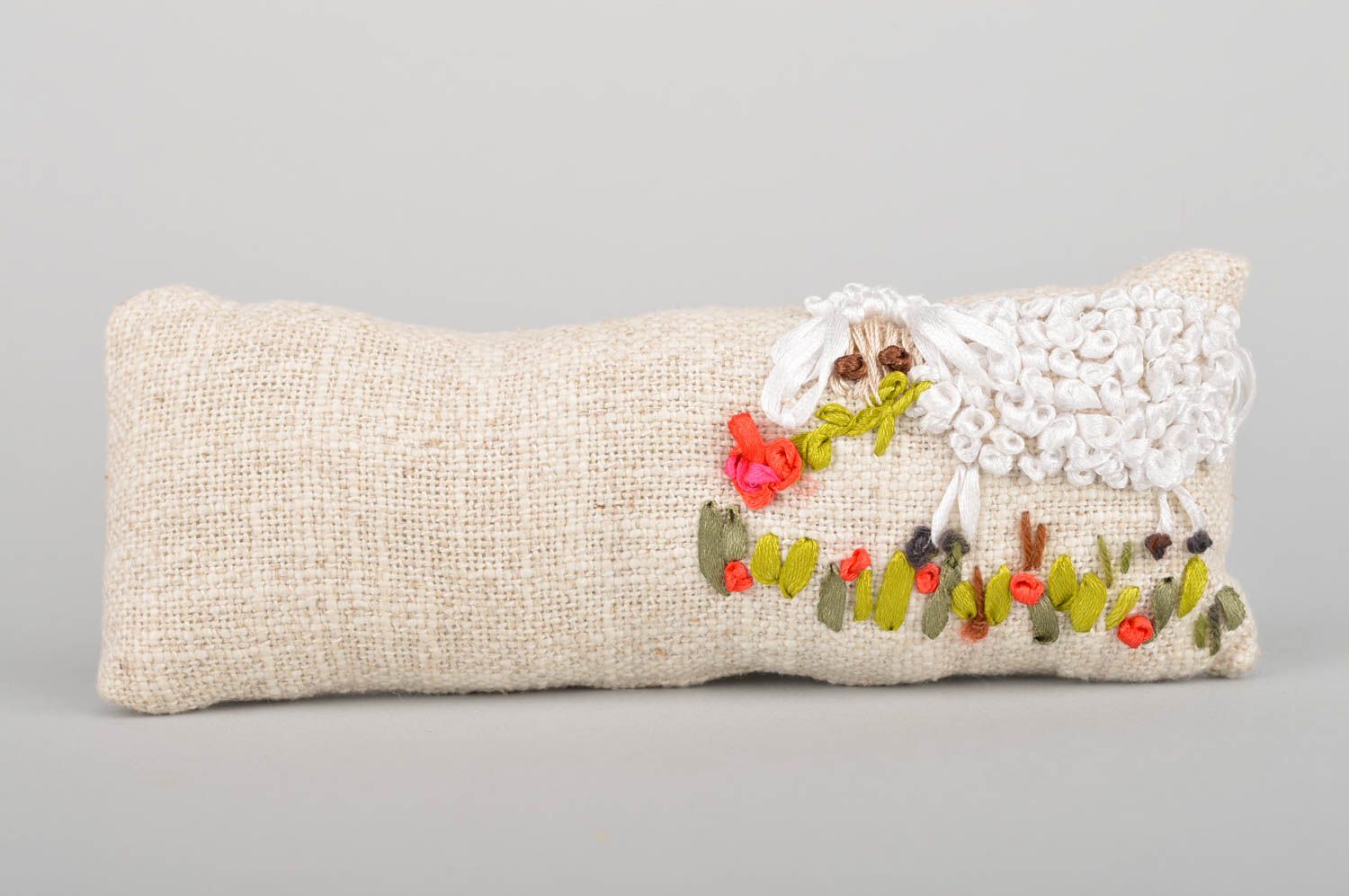 Unusual handmade designer sackcloth sachet pillow with embroidery photo 2