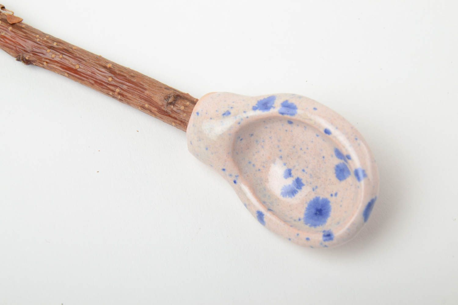 Colorful glazed handmade clay spoon with apricot branch handle photo 4