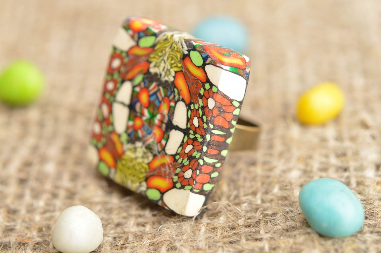 Polymer clay handmade square-shaped colorful bright ring summer accessory photo 1
