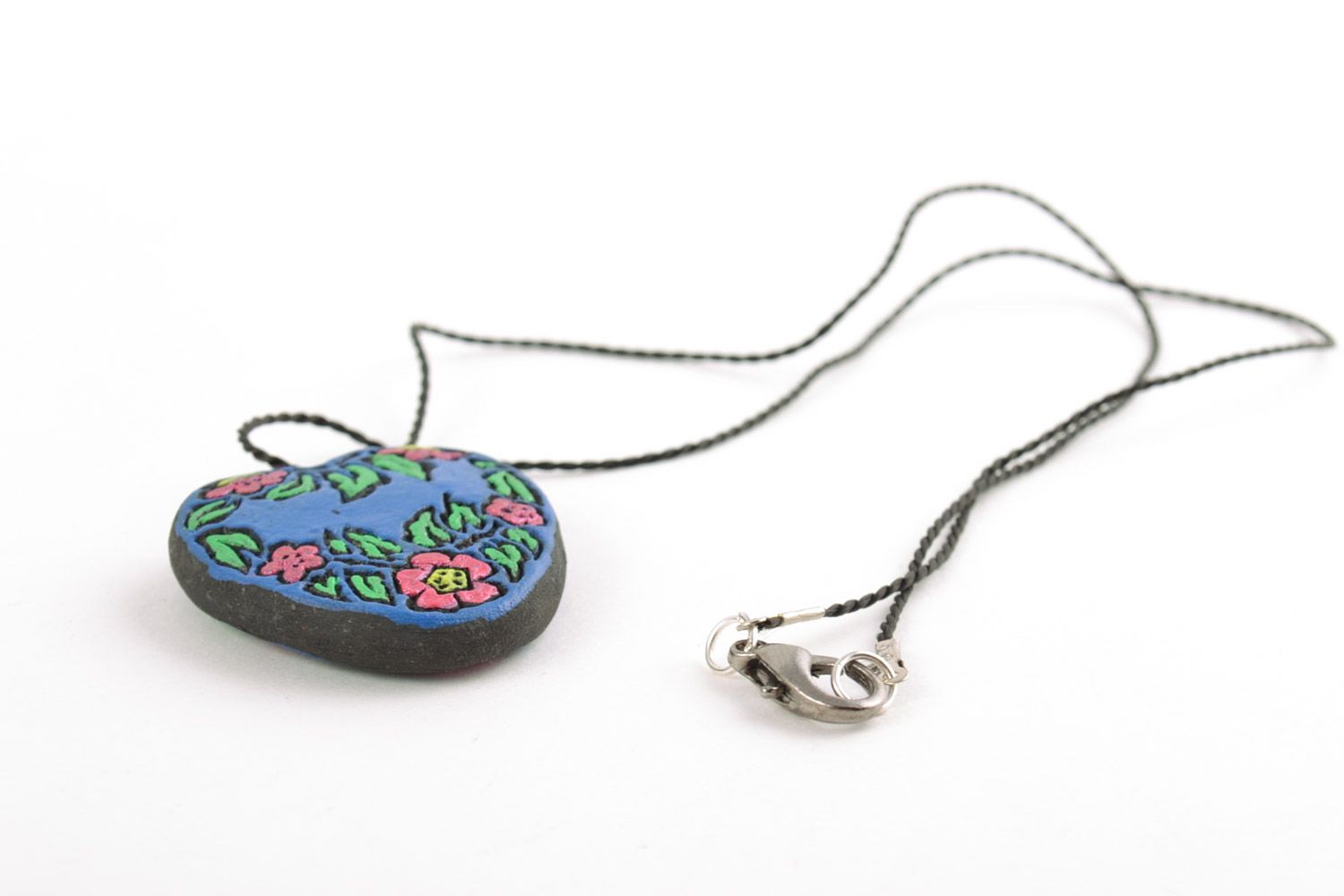 Heart shaped blue handmade painted clay neck pendant with black cord photo 3