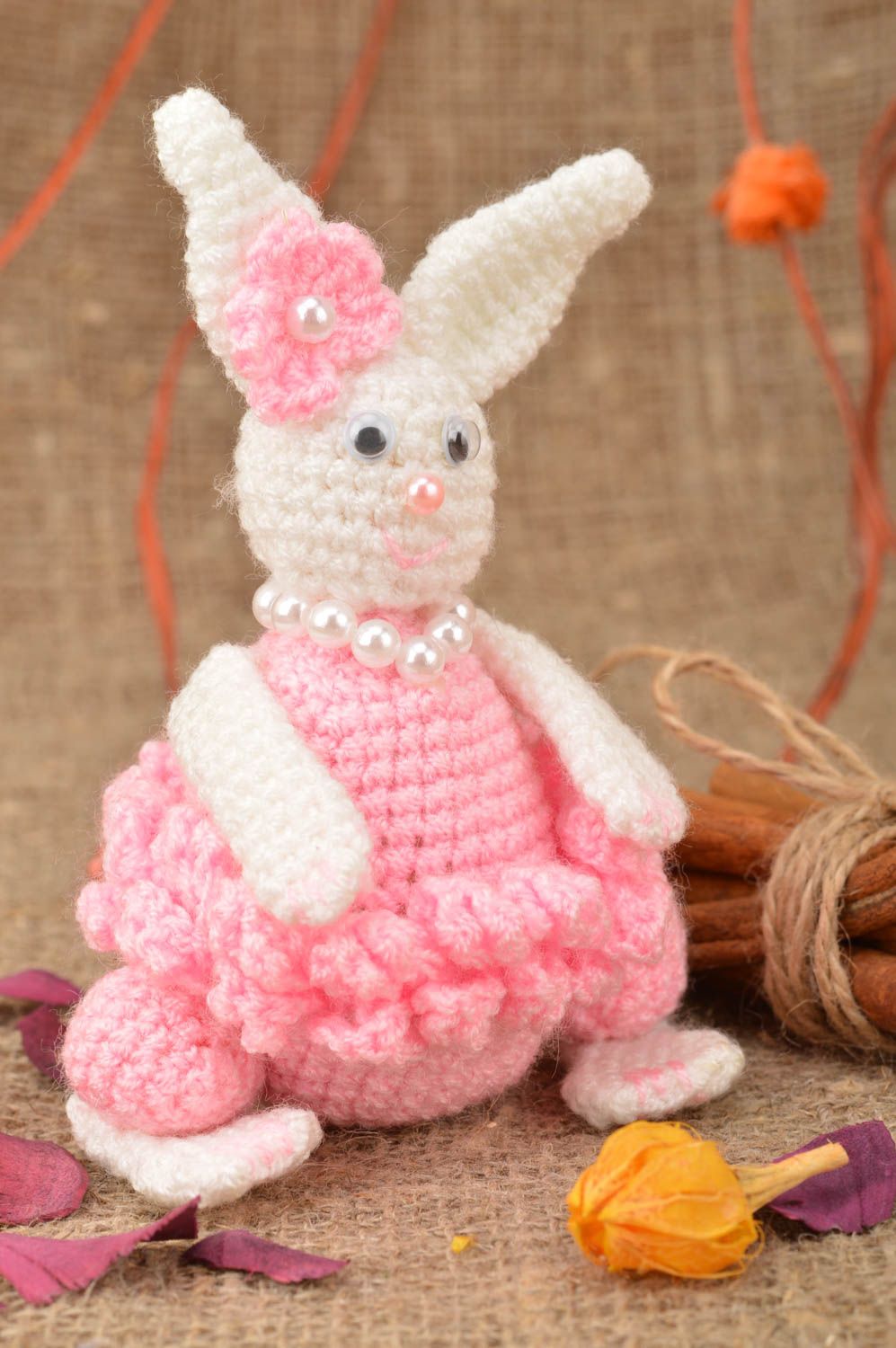 Handmade designer soft toy crocheted of acrylic threads Easter rabbit white pink photo 1