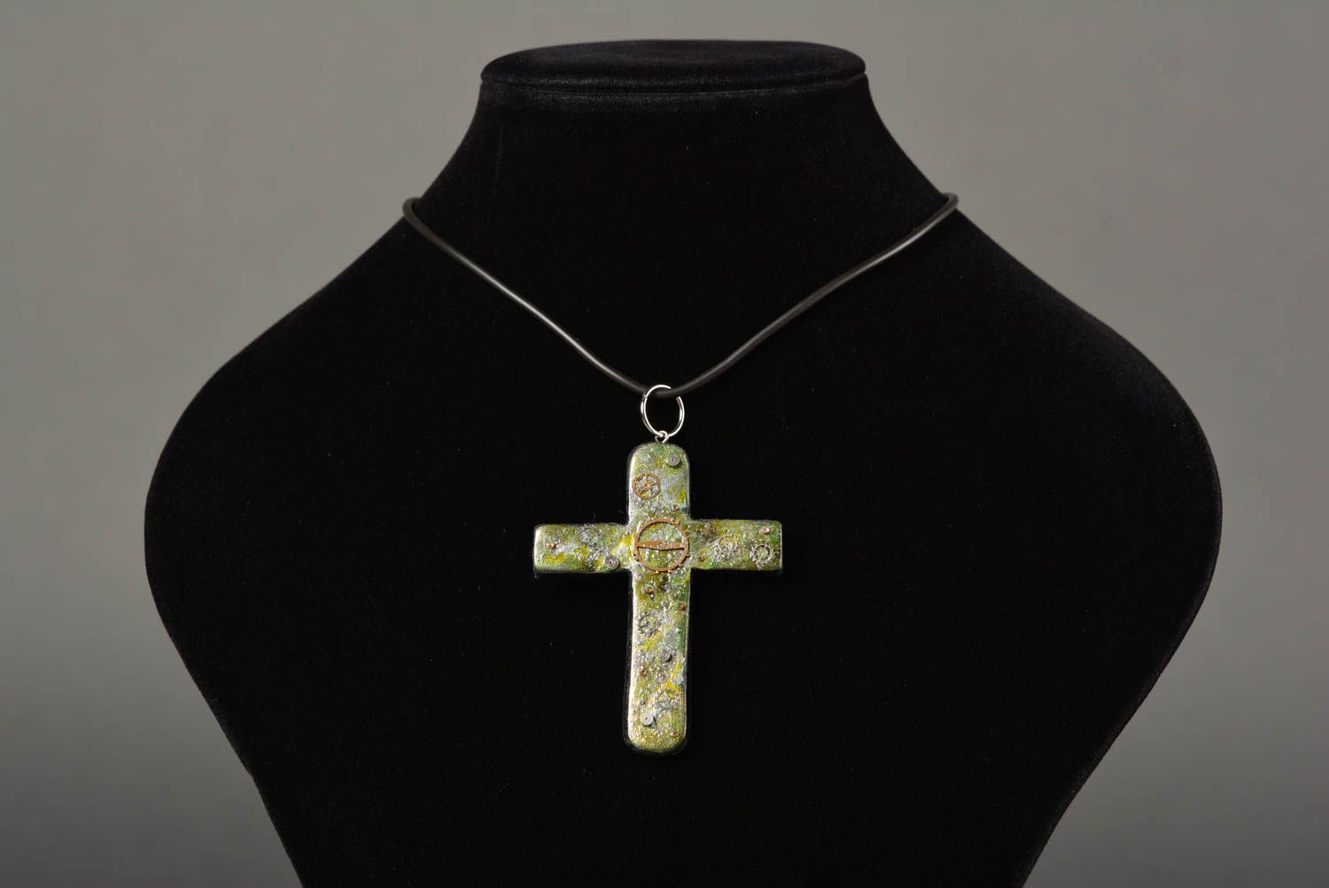 Handmade unique polymer clay necklace designer cross pendant unusual present photo 2