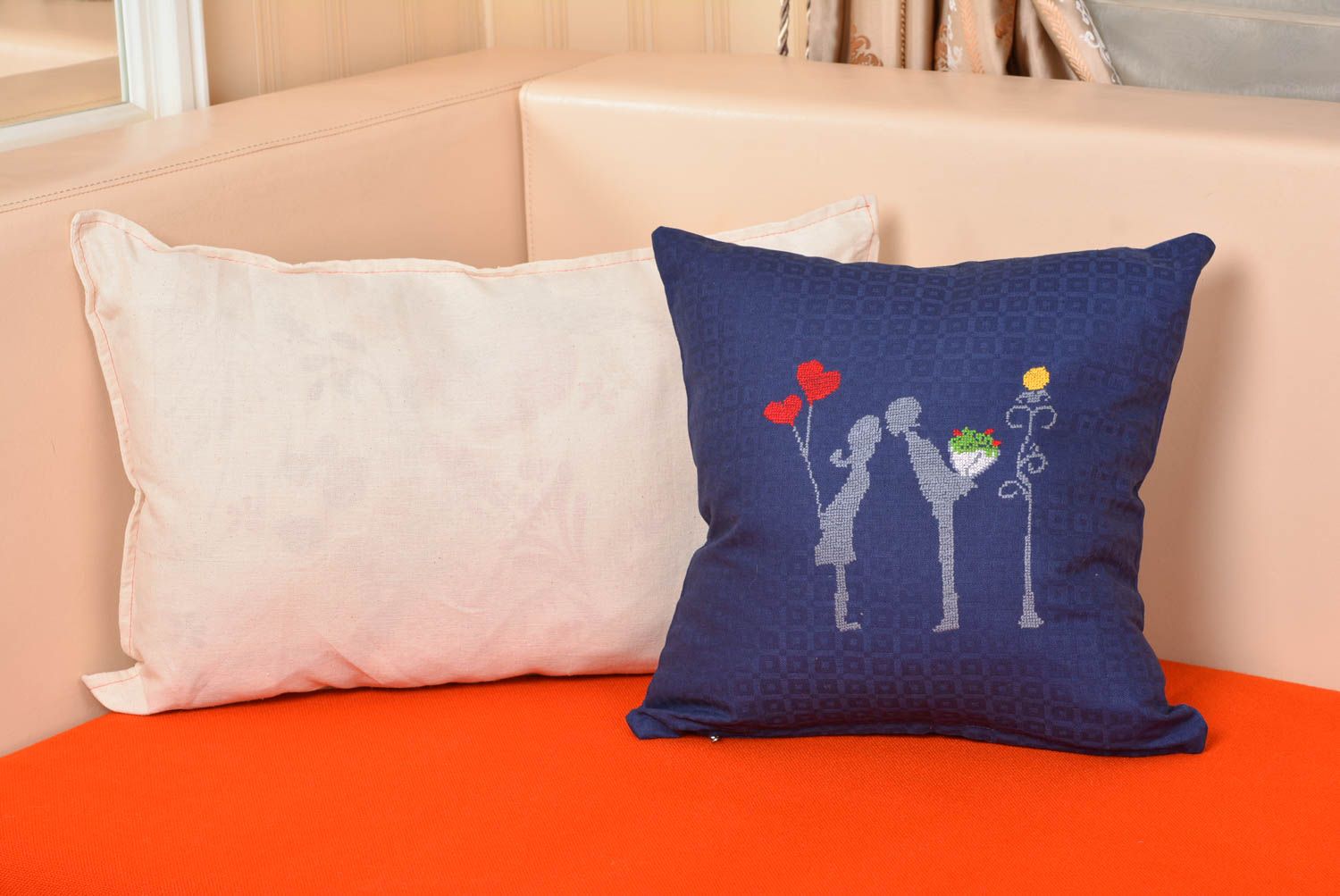 Handmade decorative blue satin fabric pillow case with embroidery couple in love photo 5