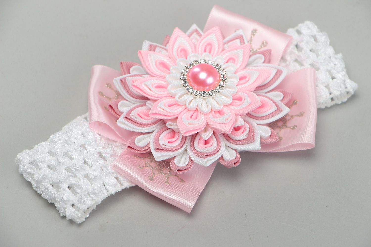Tender handmade headband with pink flower created of satin ribbons for babies photo 1