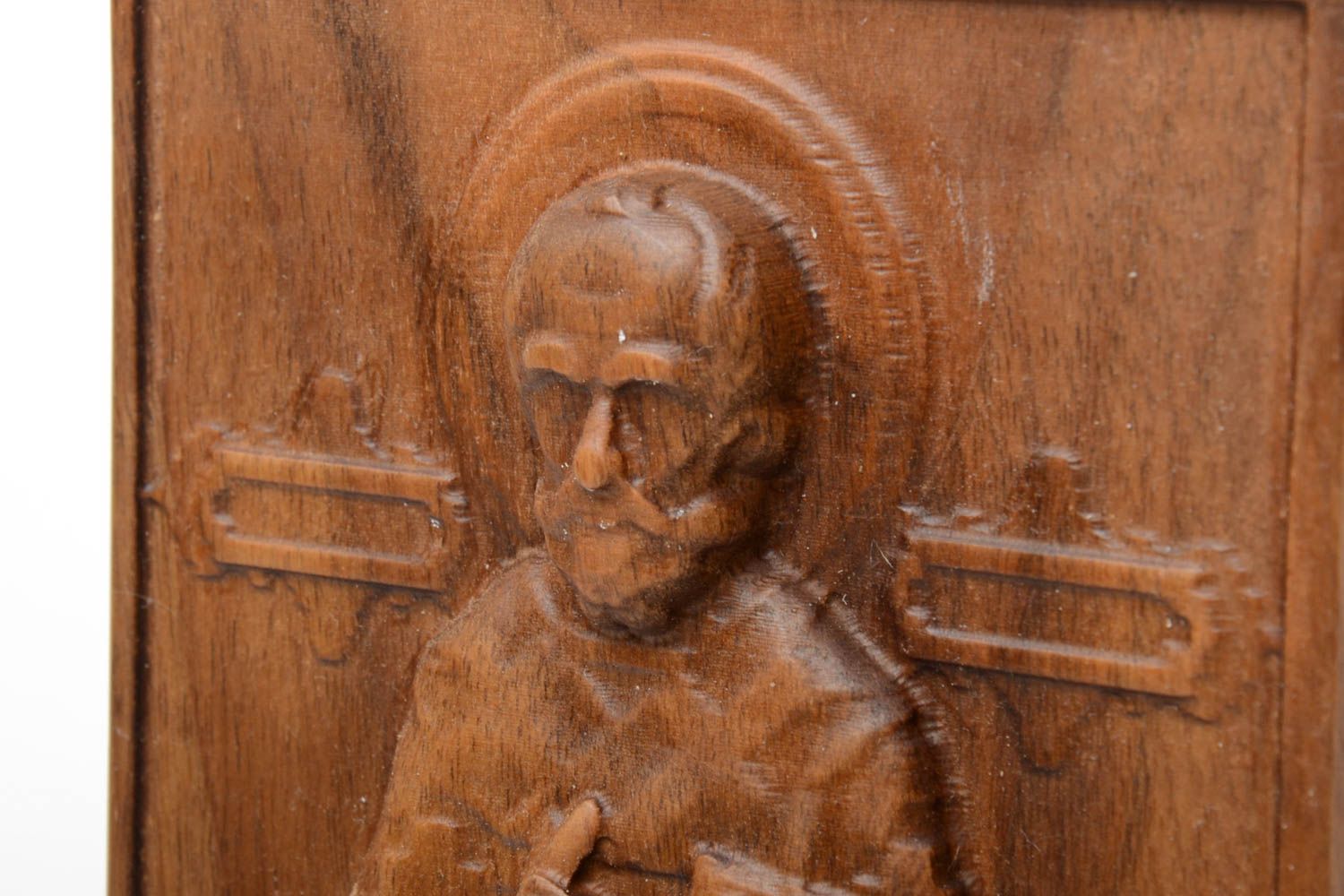 Carved wooden handmade icon with metal fastening for home Saint Nicholas photo 4