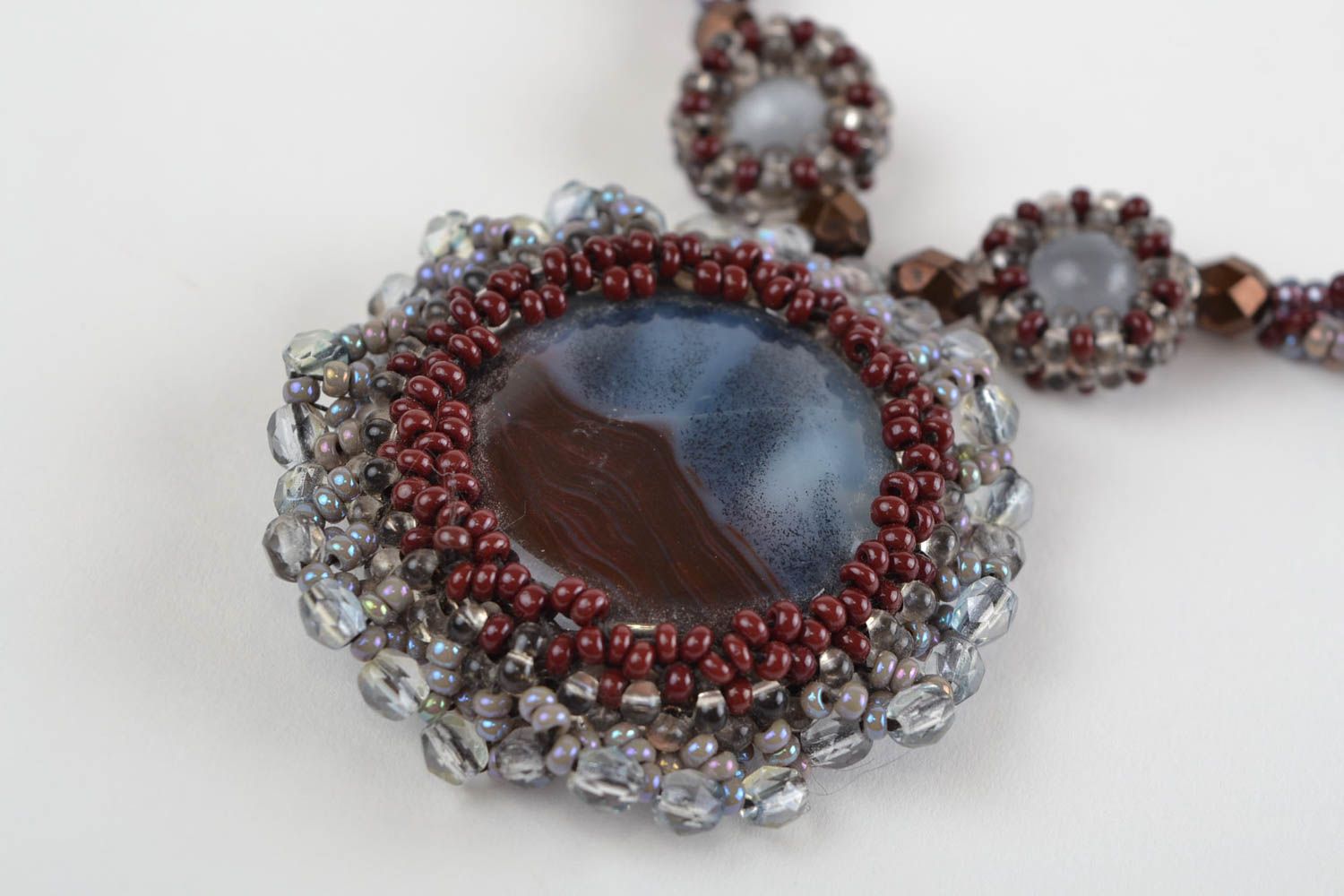 Beaded pendant with natural stones long gray handmade designer accessory photo 3