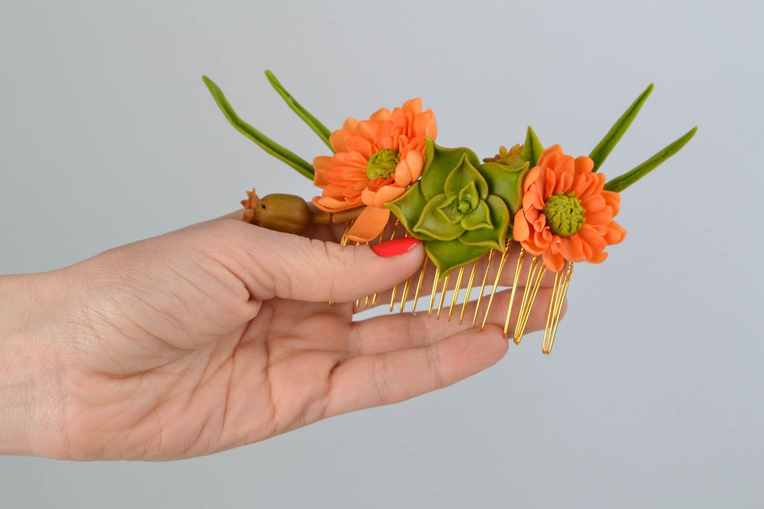 Joli peigne à cheveux fleurs en argile autodurcissante Bouquet orange fait main photo 2