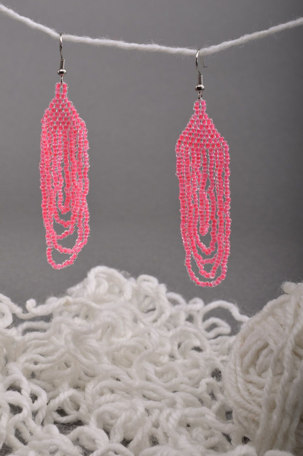 Handmade long dangle earrings woven of Czech beads of bright pink color photo 5