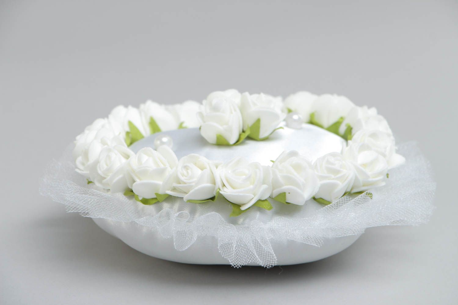 White handmade satin ring bearer pillow with artificial flowers photo 3
