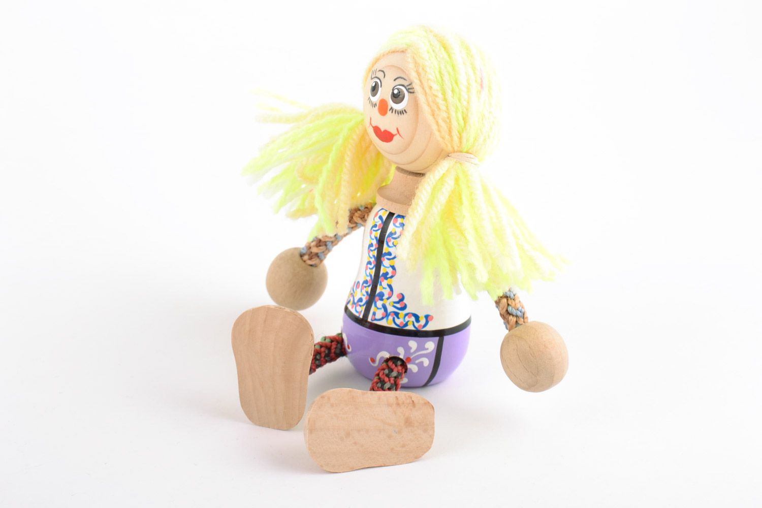 Unusual handmade painted wooden eco toy girl with thread arms and legs photo 4