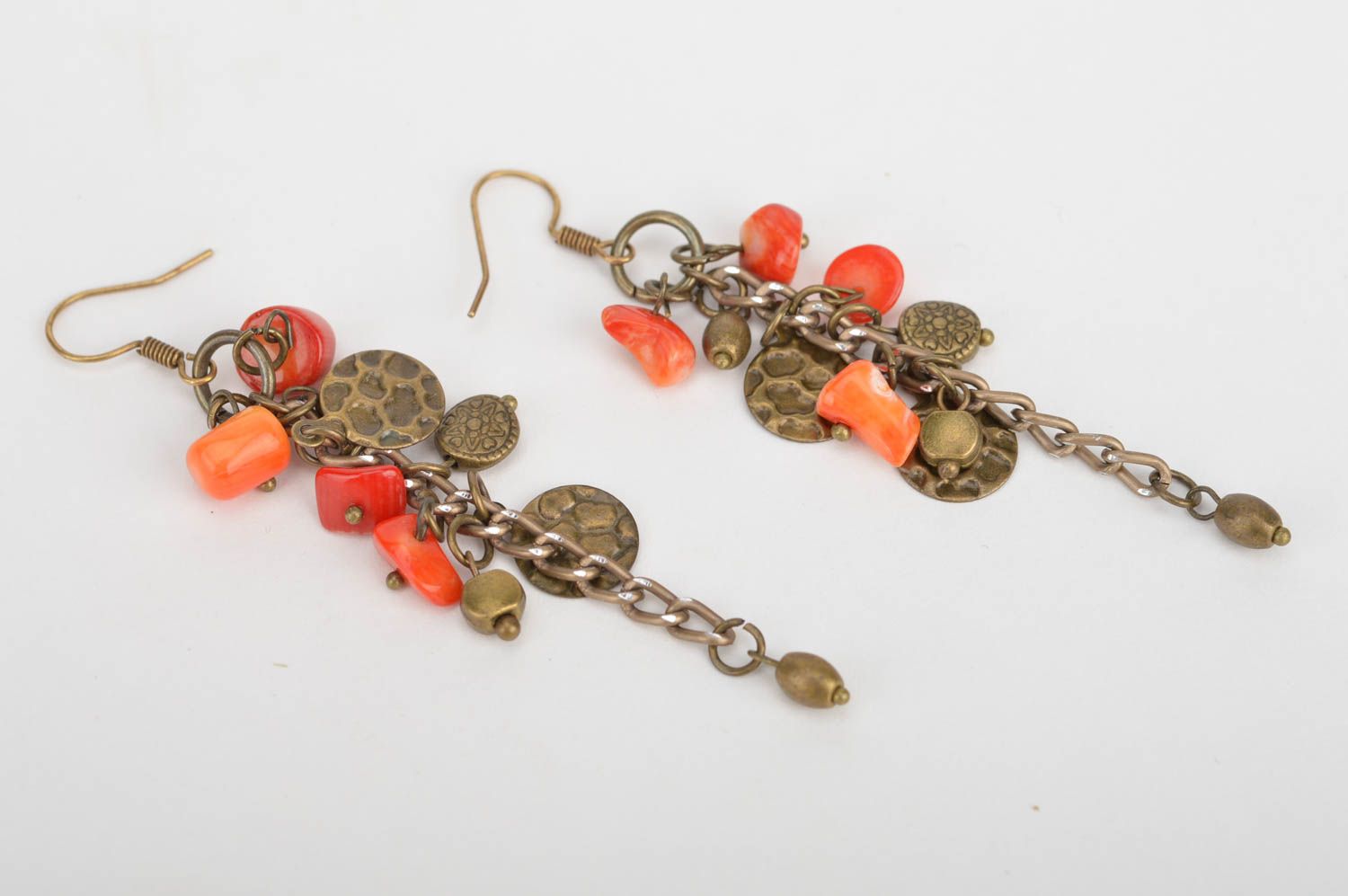 Handmade designer long dangle metal earrings with coins and coral like beads photo 2