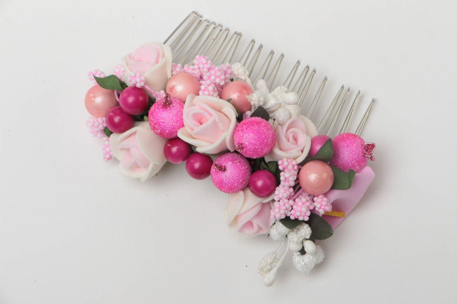 Красивый гребень для волос с цветами ручной работы розовый нарядный с розами фото 2