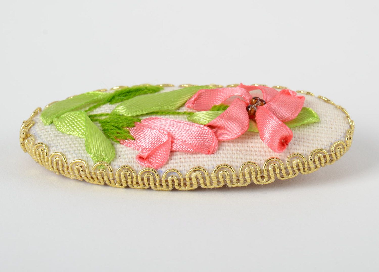 Handmade large elegant oval brooch with ribbon embroidery handmade photo 3